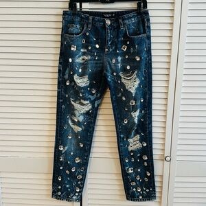 NWT Philipp Plein Crystal Embellished Blue Bling Ring Boyfriend Jeans Size 27